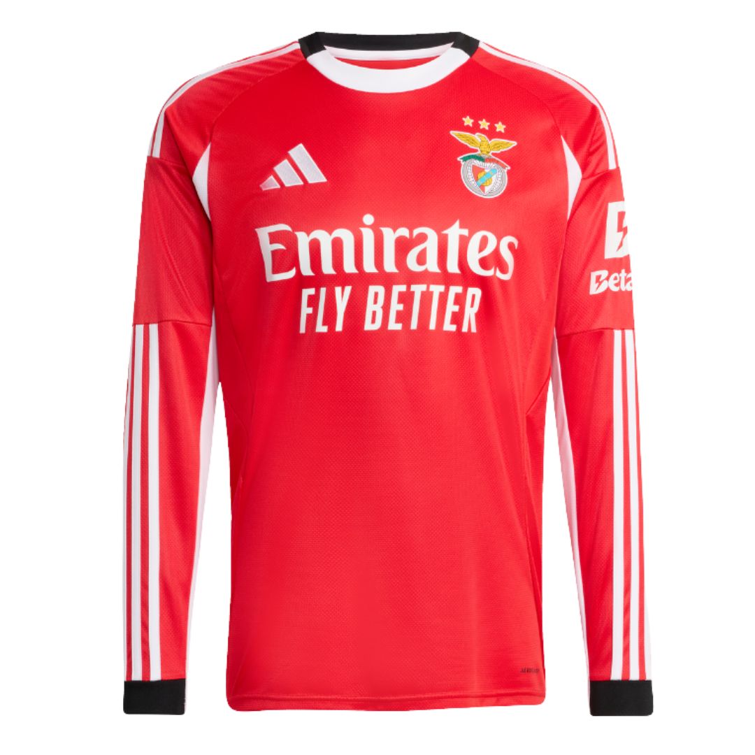 Camisa Benfica home 25/26 manga longa na cor vermelha com logo da Emirates e detalhes em branco.