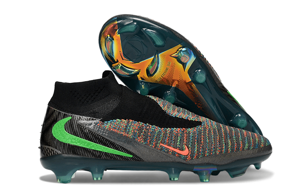 Chuteira Nike Phantom 6 Elite FG Preta e Dourada "EA FC" com design inovador e cores vibrantes.