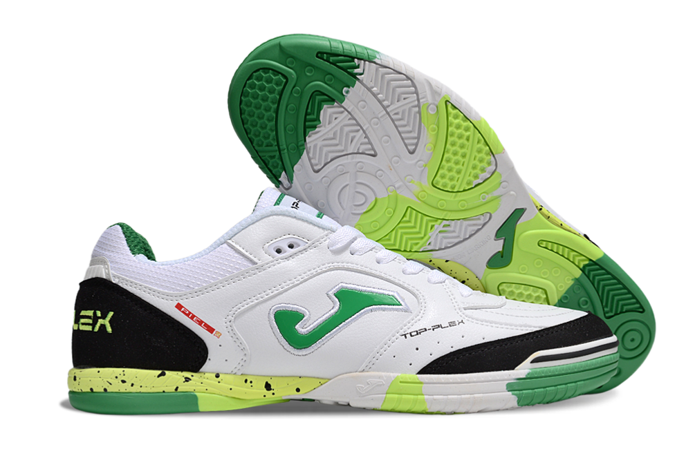 Chuteira Futsal Joma Top Flex Rebound IC Branca, Preta e Amarela com detalhes verdes e amarelos.
