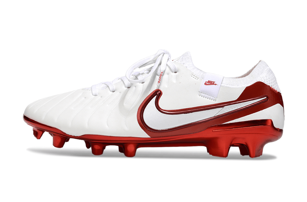 Nike Tiempo Legend X Elite FG Branca e Vermelha "Chromatic Pack" lateral das botas de futebol.