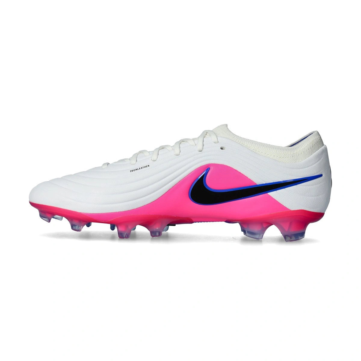 Chuteira Nike Tiempo Maestro Elite FG com detalhes em rosa e azul, ideal para controle no futebol.
