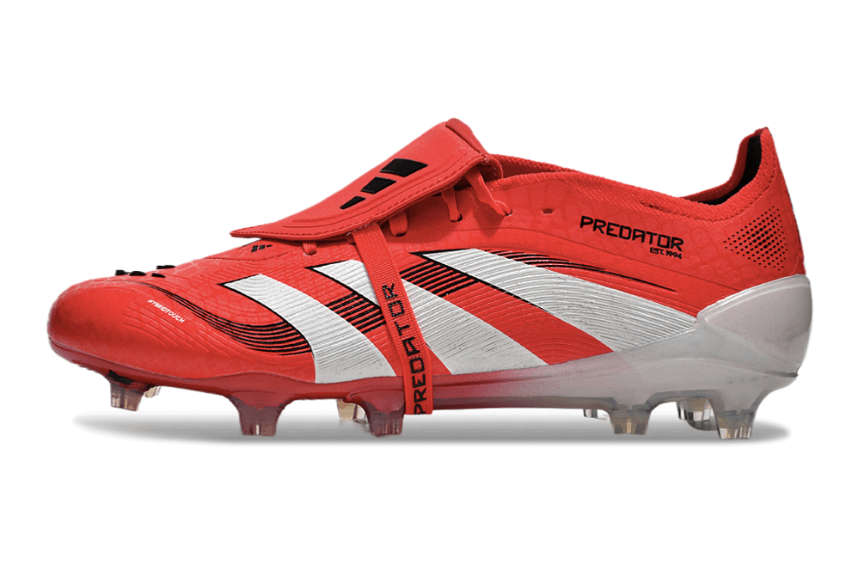 Chuteira Adidas 25 Predator Elite Tongue FG em vermelho, com design clássico e tecnologia de ponta para desempenho em campo.