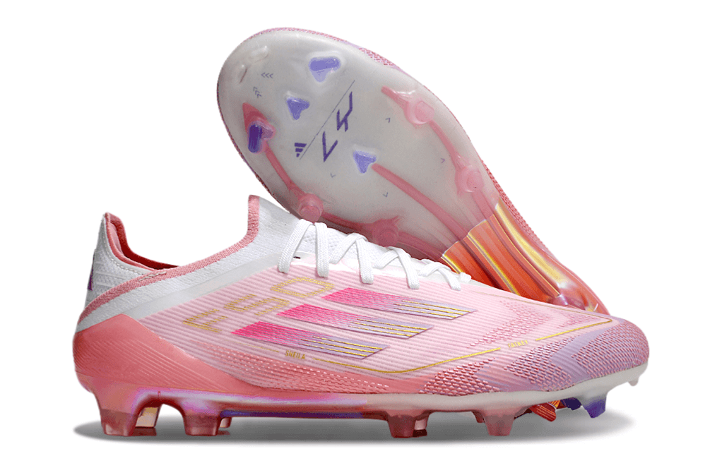 Chuteira Adidas F50.1 YAMAL FG Rosa com design moderno e sola FG para campos de futebol.