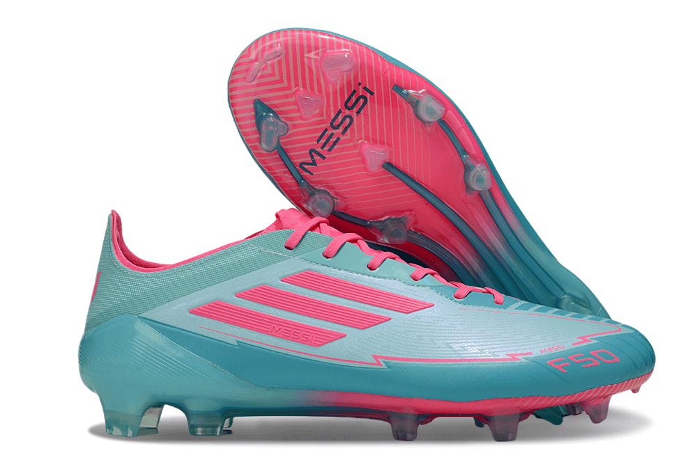 Chuteira Adidas f50 Elite FG - Azul e Rosa com design vibrante e tecnologia de ponta para desempenho no futebol.
