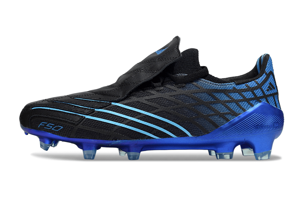 Chuteira Adidas F50 Elite FG Spider Preta e Azul com design aerodinâmico para futebol em campos naturais.