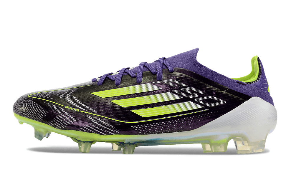 Chuteira Adidas F50 FG Roxa e Verde "Fast Reborn" com design moderno e tecnologia de ponta para desempenho em campo.