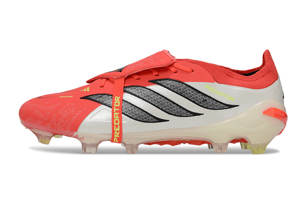 Chuteira Adidas Predator Elite FG 26 - "Finishers Steel" - Vermelha e Branca lateral com detalhes em preto e amarelo.