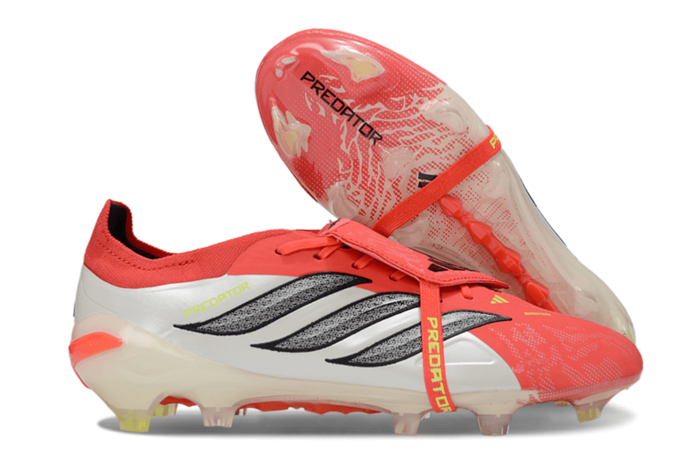 Chuteira Adidas Predator Elite FG 26 - "Finishers Steel" - Vermelha e Branca vista lateral e superior
