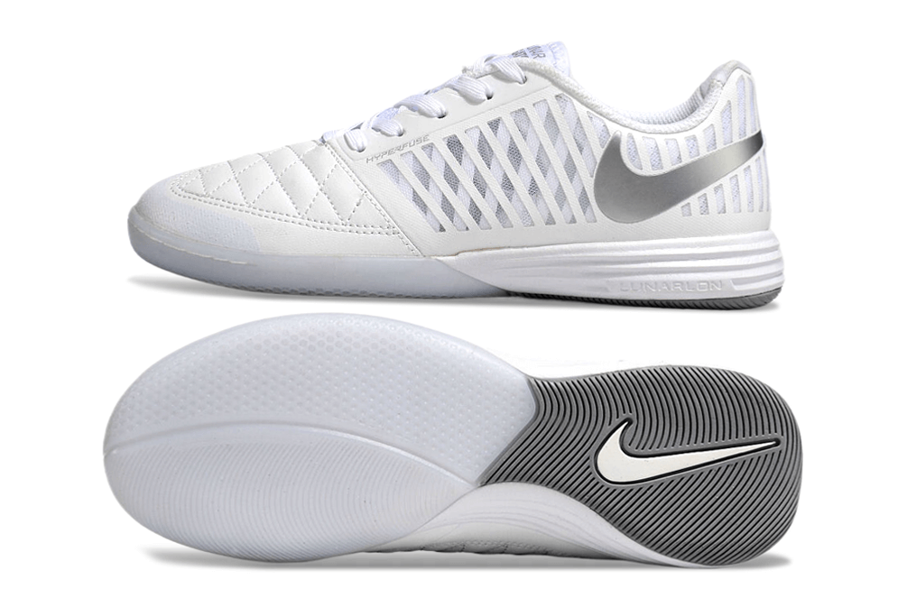 Chuteira Futsal Nike Lunar Gato IC - Branca e Prata vista lateral e inferior com design elegante