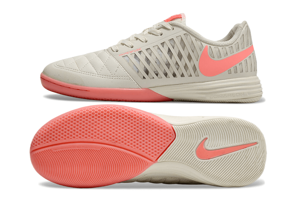 Chuteira Futsal Nike Lunar Gato IC - Branca e Rosa, calçado para futsal com design moderno e sola IC.
