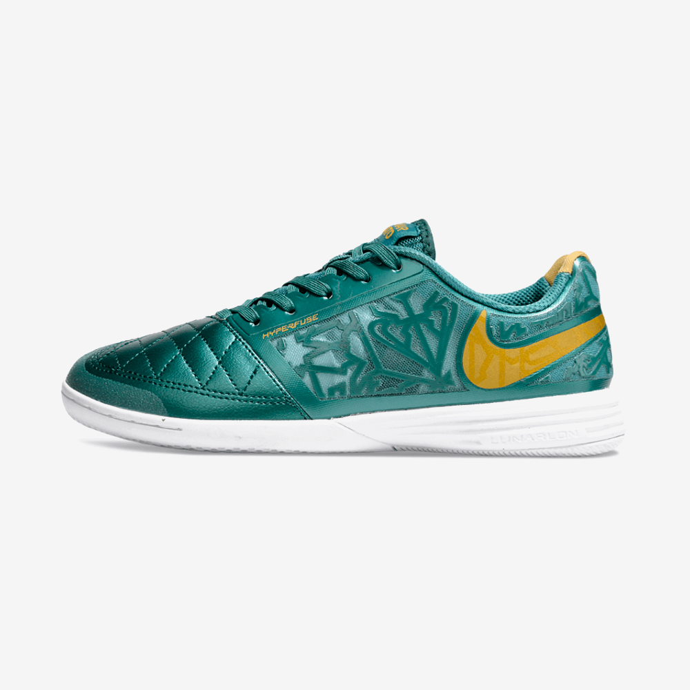 Chuteira Futsal Nike Lunar Gato IC - Turquesa e Dourada lado direito com design elegante e tecnologia de performance.