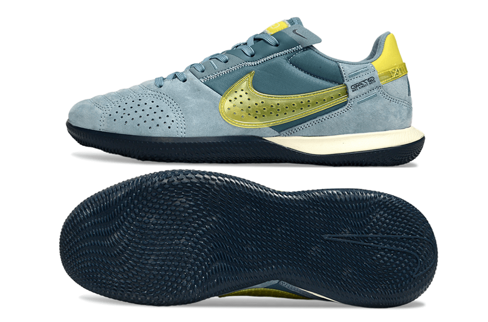 Chuteira Futsal Nike Street Gato IC - Azul e Dourada com design moderno e tecnologia IC para futsal.