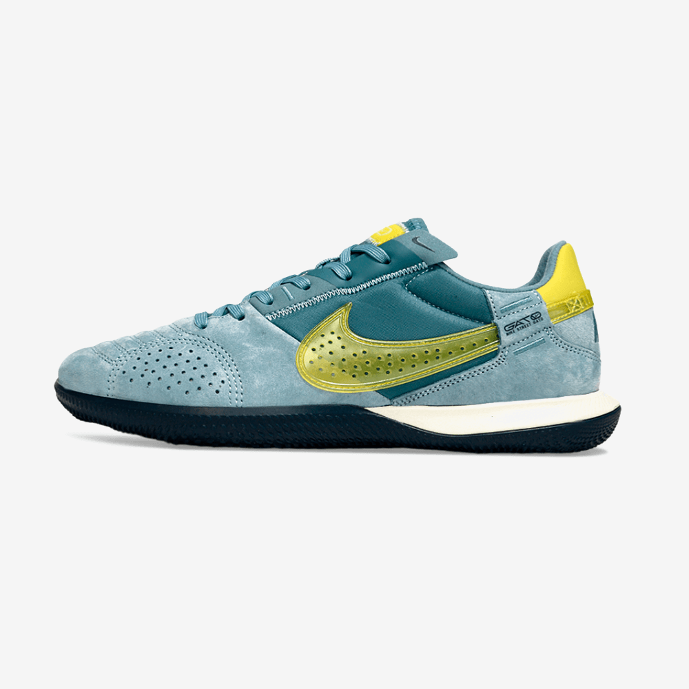 Chuteira Futsal Nike Street Gato IC - Azul e Dourada perfil lateral da chuteira em azul e dourado.