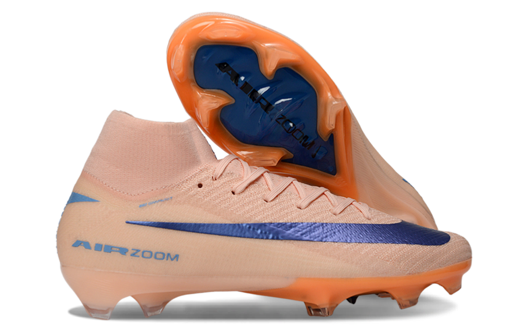 Chuteira Nike Air Zoom Mercurial Superfly 10 Elite FG Rosa e Azul em foco com design vibrante e tecnologia avançada.