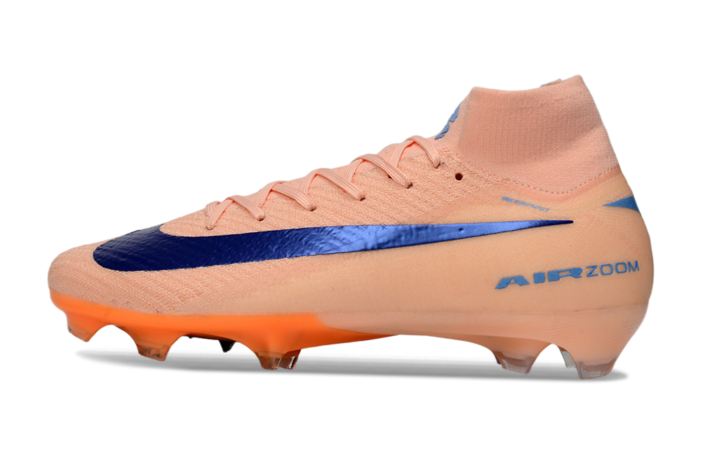 Chuteira Nike Air Zoom Mercurial Superfly 10 Elite FG Rosa e Azul com detalhe em azul, perfeita para jogadores que se destacam.