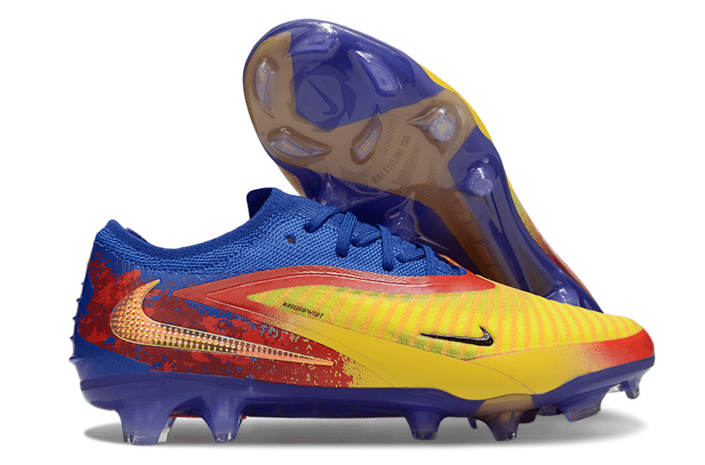 Chuteira Nike Phantom 6 Edição Especial Haaland Elite FG - Azul, Amarela e Vermelha em destaque com design exclusivo.