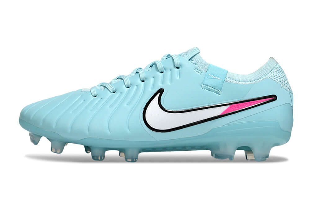 Nike Tiempo Legend 10 X Elite FG - Azul, Rosa e Branca - Pack Prism em azul, com detalhes em rosa e branco, vista lateral.