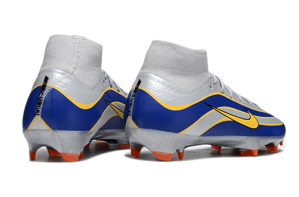 Chuteira Nike Air Zoom Mercurial Superfly 10 Edição Especial Elite FG - Prata e Azul, traseira com design moderno.