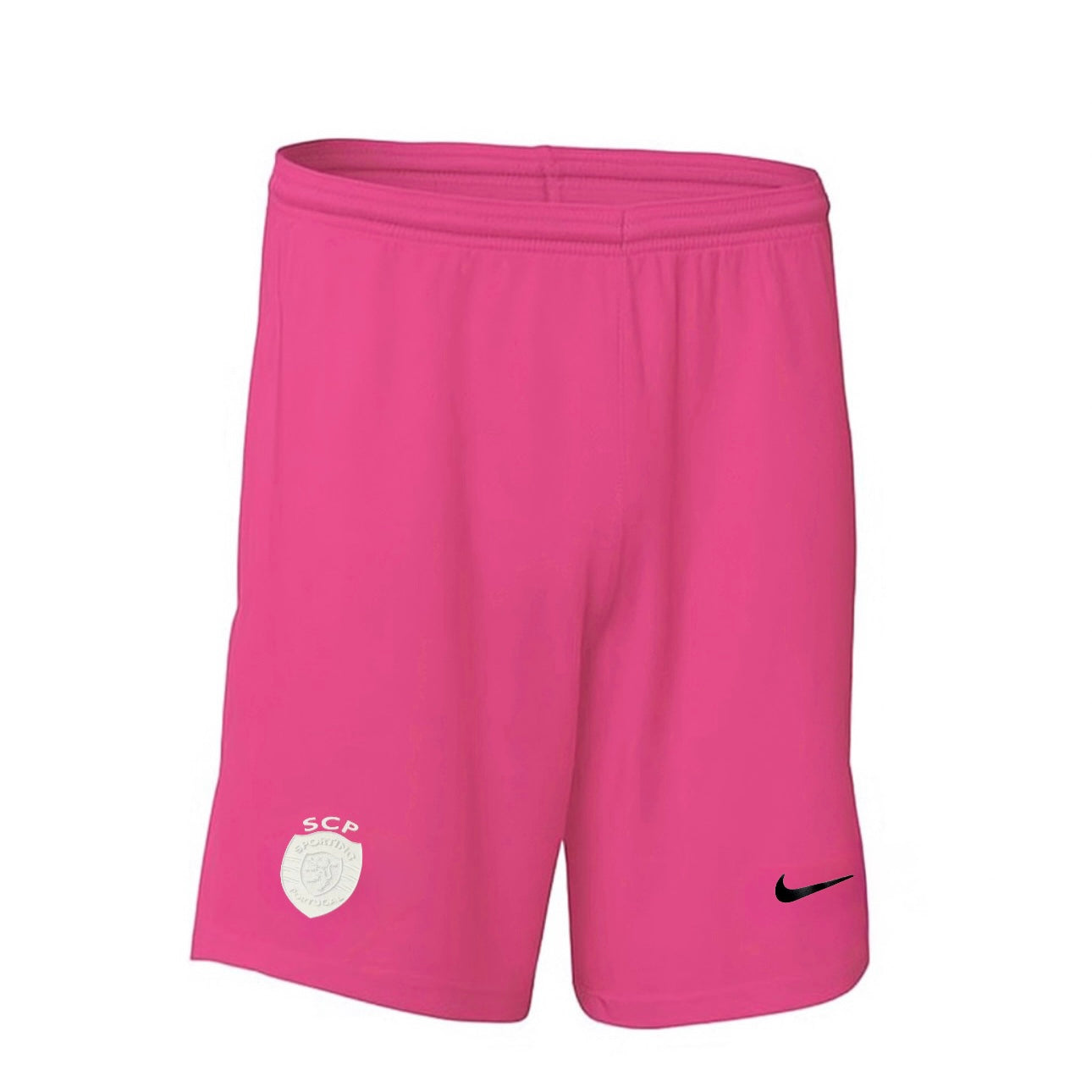 Conjunto infantil Sporting Outubro Rosa 2025/26 - Calções rosa com logo SCP e detalhe Nike