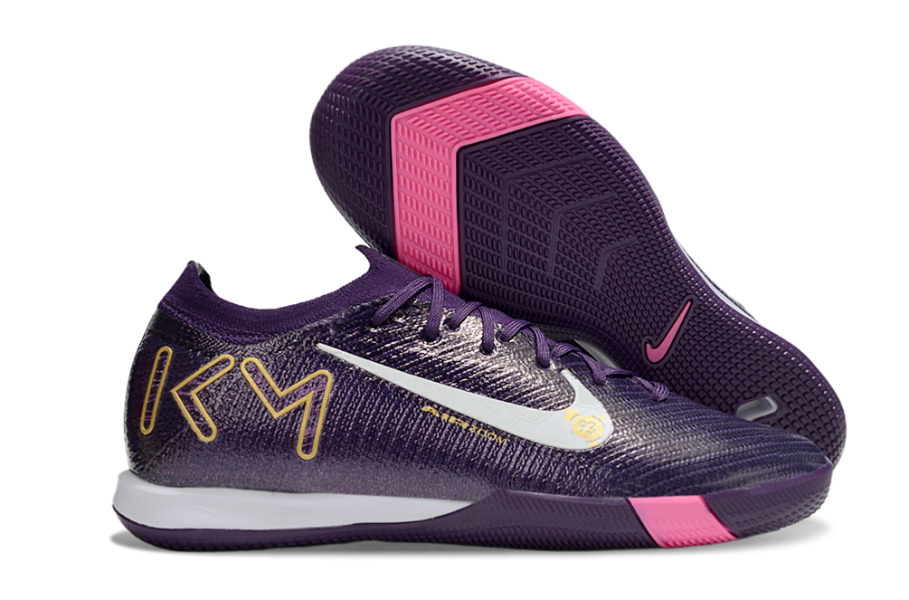 Chuteira Futsal Nike Mercurial Air Zoom Vapor 16 Kylian em roxo e rosa, ideal para performance em quadra.