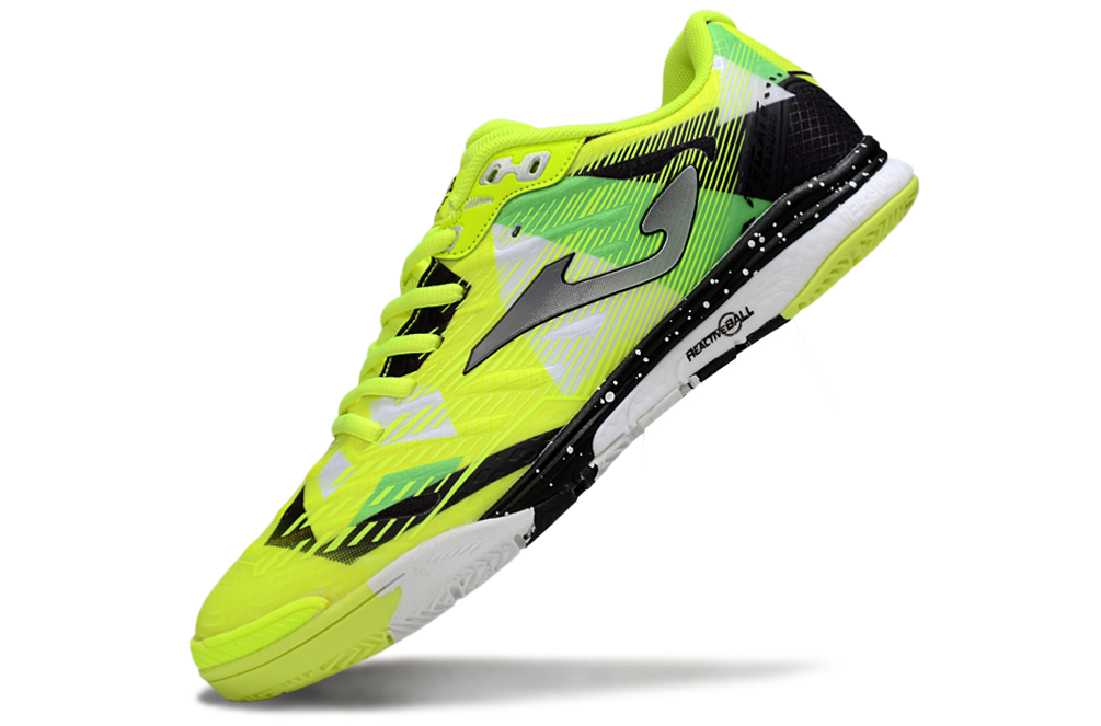 Chuteira Futsal Joma Regate Rebound IC Amarela e Preta, ideal para performance em pisos interiores.