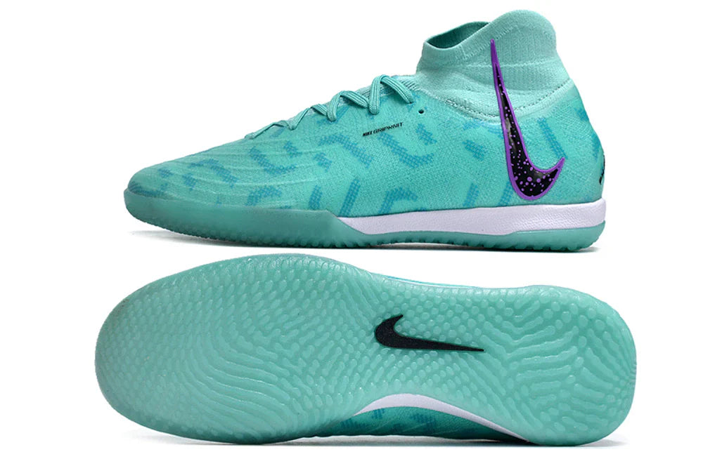 Chuteira Futsal Nike Phantom Luna Elite IC na cor verde turquesa com detalhes em roxo.