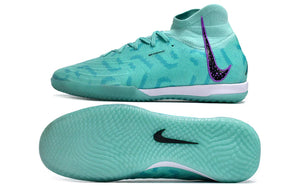 Chuteira Futsal Nike Phantom Luna Elite IC na cor verde turquesa com detalhes em roxo.