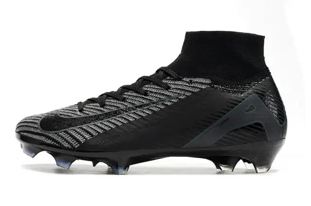 Chuteira Nike Air Zoom Mercurial Superfly 10 Elite FG em preto e cinza com design aerodinâmico para alta performance.
