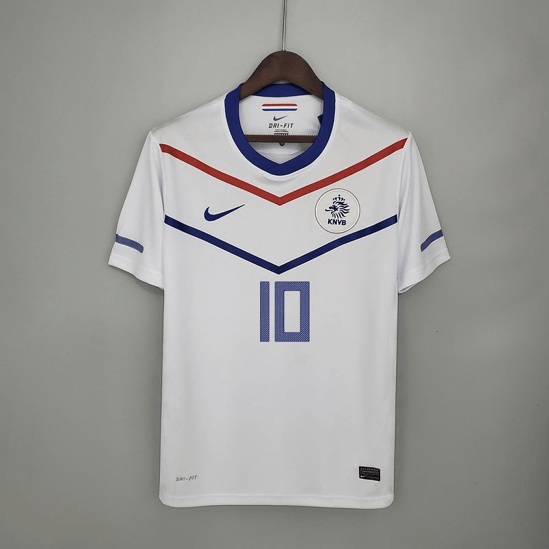 Camisola Holanda Away 12/13 Retro em branco com detalhes em azul e vermelho, número 10, da Nike.
