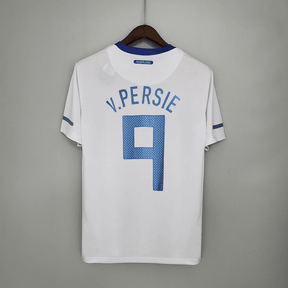 Camisola Holanda Away 12/13 Retro com nome e número de V. Persie, na cor branca e detalhes em azul.