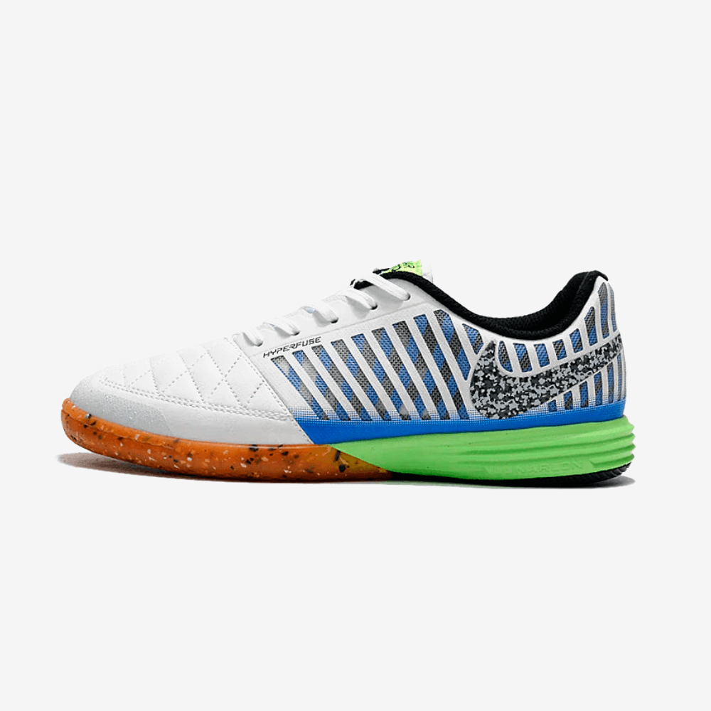 Chuteira Futsal Nike Lunar Gato IC com design inovador em branco, azul e verde.