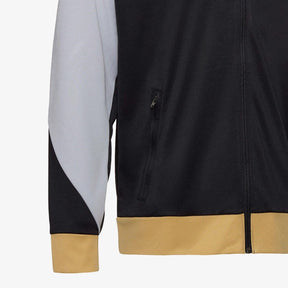 Casaco de Treino - Parte superior de um casaco com zíper nas cores preto, cinza e detalhes em dourado.