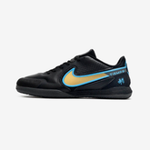 Chuteira Futsal Nike Tiempo Legend 9 Elite IC em preto e dourado, ideal para jogos em quadra.