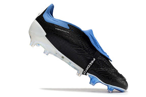 Chuteira Adidas Predator Elite Tongue FG - Preta, Branca e Azul com design aerodinâmico e tecnologia avançada.
