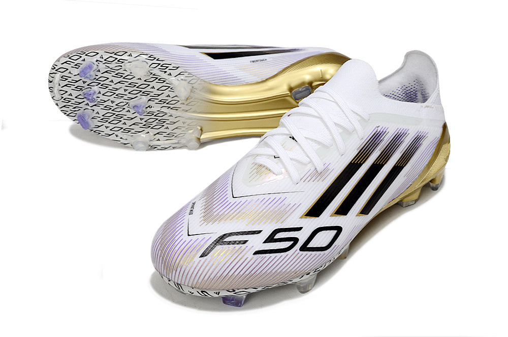 Chuteira Adidas F50 FG Elite Branca e Dourada