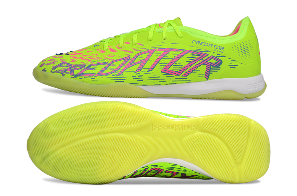 Chuteira Futsal Adidas Predator 24 Elite IC Verde vista lateral e inferior em amarelo vibrante