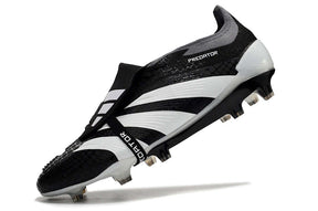 Chuteira Adidas Predator Elite Tongue FG - Preta e Branca lateral com design elegante e tecnologia avançada.