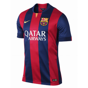 Camisa Barcelona Home 14/15 retro da loja olímpica, com listras azuis e vermelhas.