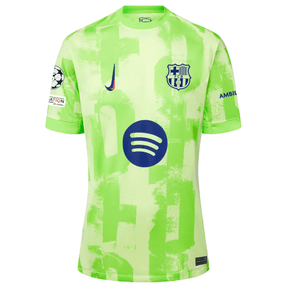 Camisa Barcelona terceira 24/25, modelo em verde neon com detalhes e logo do clube.