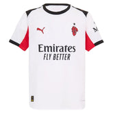 Camisa AC Milan away 25/26 branca com detalhes em preto e vermelho, estampada com Emirates FLY BETTER.