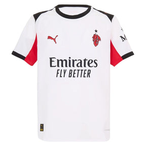 Camisa AC Milan away 25/26 branca com detalhes em preto e vermelho, estampada com Emirates FLY BETTER.