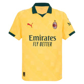 Camisa AC Milan terceira 25/26 amarela com detalhes em verde e logo da Emirates, ideal para torcedores.