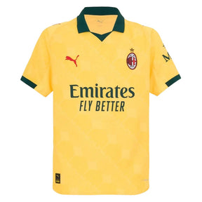 Camisa AC Milan terceira 25/26 amarela com detalhes em verde e logo da Emirates, ideal para torcedores.