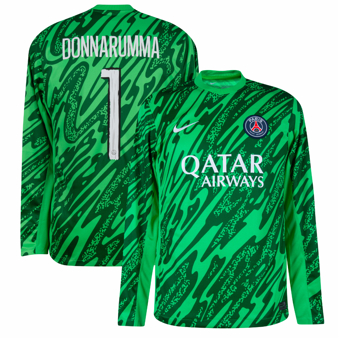 PSG GK 24/25 - Manga Longa Verde com nome DONNARUMMA e logotipo da Qatar Airways
