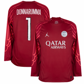 PSG GK 24/25 - Manga Longa Vermelho com logo da Qatar Airways e nome Donnarumma nas costas.
