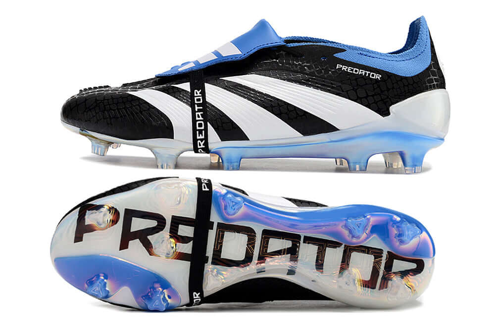 Chuteira Adidas Predator Elite Tongue FG - Preta, Branca e Azul com design moderno e tecnologia de controle do toque.