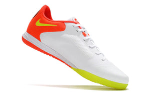 Chuteira Futsal Nike Tiempo Legend 9 Elite IC com design branco, vermelho e amarelo, ideal para jogos de salão.