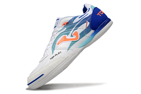 Chuteira Futsal Joma Top Flex Rebound IC Branca e Azul, perfeita para desempenho e estilo em quadra.