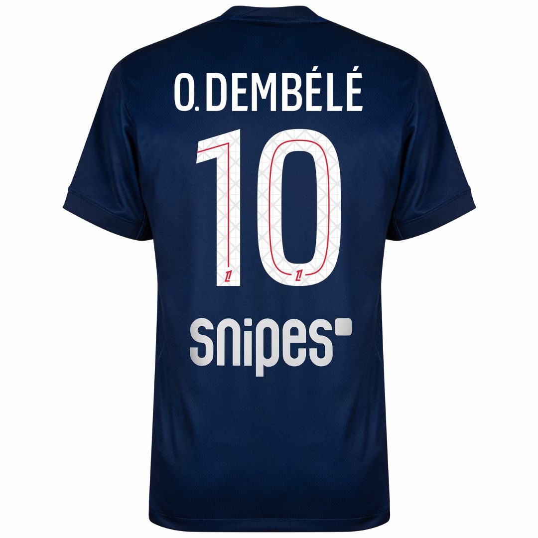 Camisa PSG home 25/26 #10 O.Dembélé Azul, detalhando as costas com nome e número.