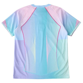 Camisa de futebol Barcelona conceito 25/26 com design moderno e cores suaves na parte traseira.